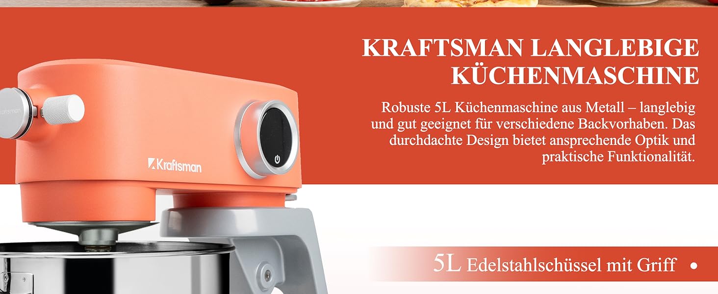 Кухонна машина 5л з місткою чашею з нержавіючої сталі, для тіста, піци, з таймером та 8 рівнями швидкості, з набором насадок (міксер, гак для тіста, вінчик)