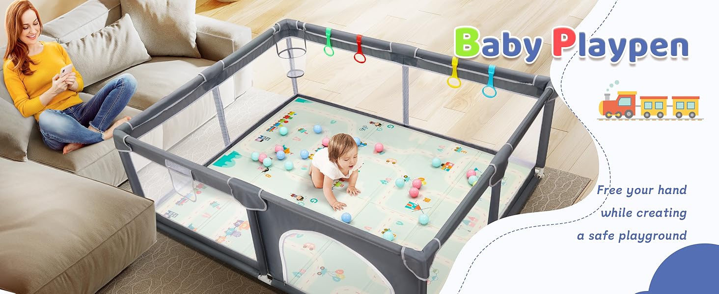 Манеж дитячий CHOLY для немовлят та малюків, 128x128 см (сірий з килимком 150x180 см) - безпечний, міцний, з сіткою та захистом