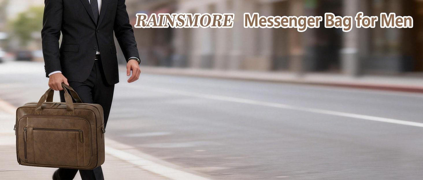 Шкіряна чоловіча сумка-портфель RAINSMORE Vintage, водонепроникна ділова сумка для ноутбука 16 дюймів, офісна сумка через плече для роботи та подорожей, чорна