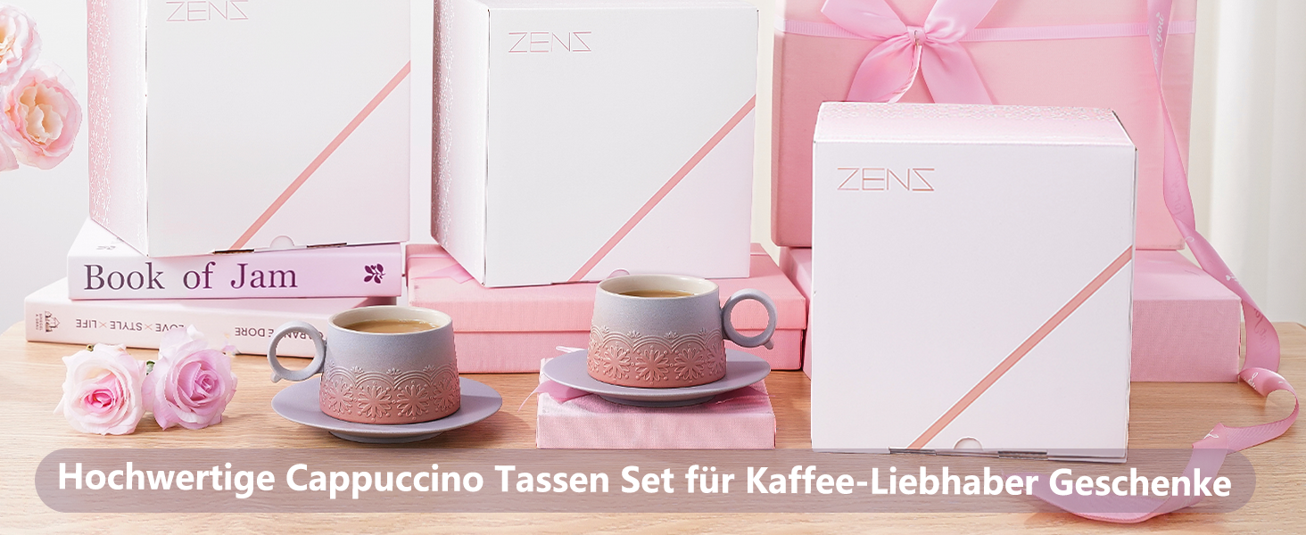 Набір чашок для капучино ZENS 2, 220 мл, керамограніт, з блюдцем, подарунковий набір (сіро-рожевий)