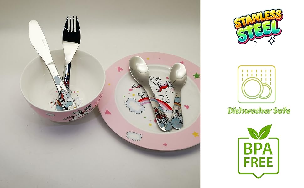 Набір столових приборів Exzact 6 шт. з нержавіючої сталі - дитячий посуд: тарілка, миска, ложка, виделка, ніж, столова ложка. Подарункова коробка (Wf712-4uni)