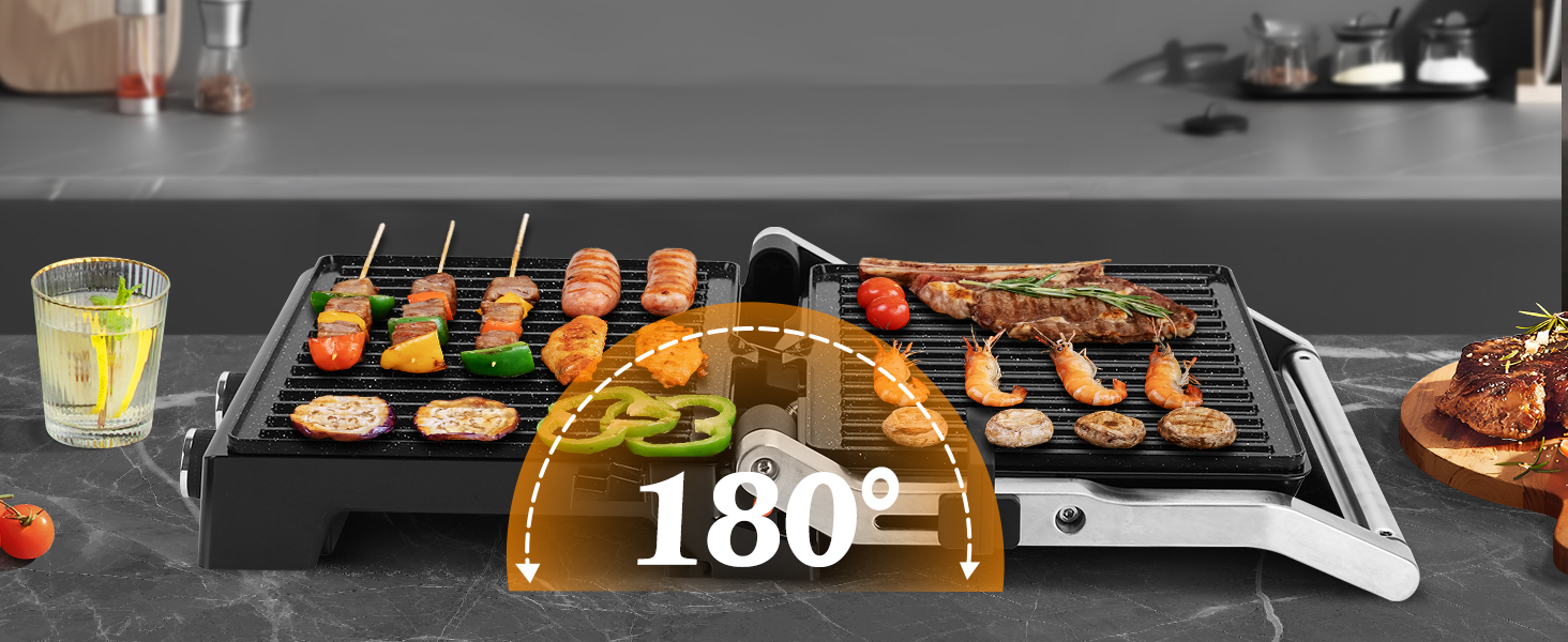 Контактний гриль Aigostar з керамічним покриттям, таймер на 30 хв. Паніні гриль та сендвічмейкер для сендвічів, стейків, тостів. 2000 Вт, регульований термостат, відкривання 180°, функція грилю