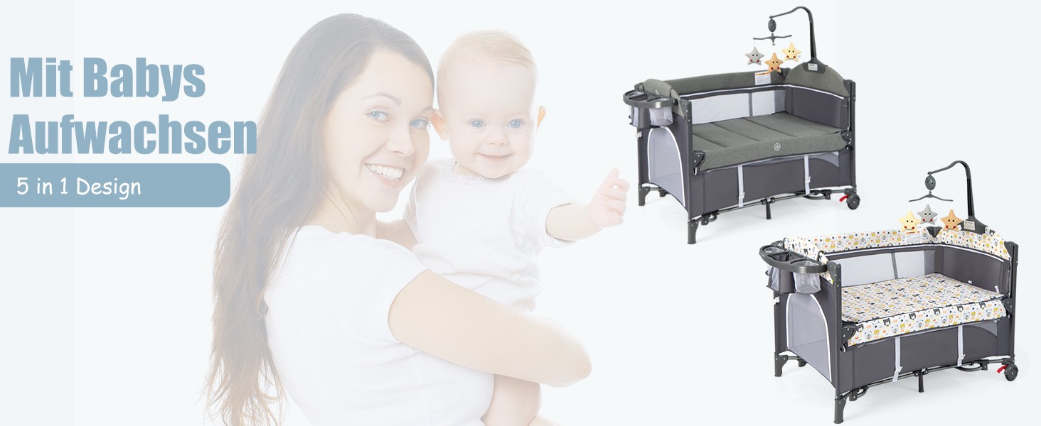 Дитяче ліжко-манеж DREAMADE 5 в 1 з матрацом, з колесами та пеленальним столиком, з музичною іграшкою, 110x76 см, для новонароджених, з сумкою для перенесення (зелений, кольоровий)