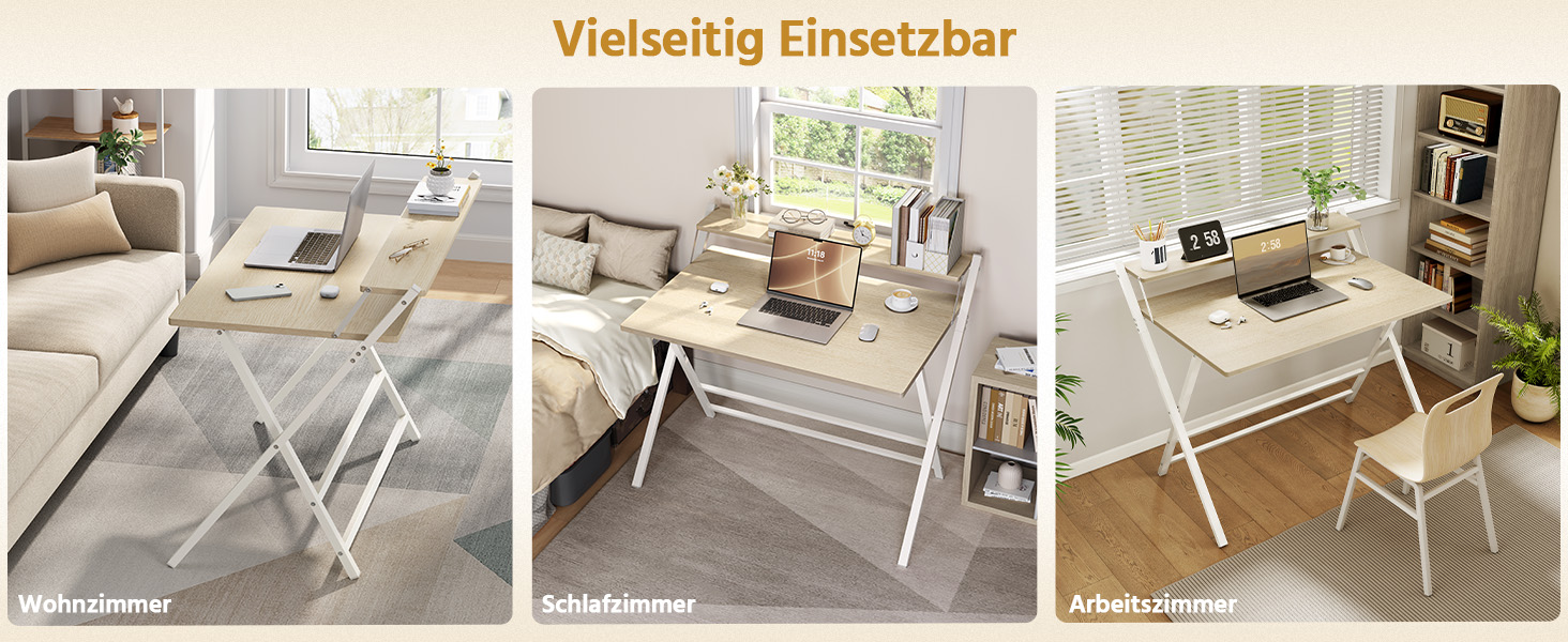 Злагоджений стіл Yaheetech Klappbar, 80 см, комп'ютерний стіл з полицею, двоступінчастий робочий стіл з підставкою для монітора, стіл для ноутбука для домашнього офісу/маленьких кімнат/вітальні, білий/80 см Д × 50 см Ш, білий (світлий колір дерева, 106.5x60.5x90 см)