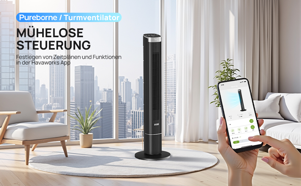 Турбовентилятор Leiser з осциляцією 90°, Wi-Fi, пульт, 4 швидкості, 4 режими, таймер 12 год, чорний, 102 см