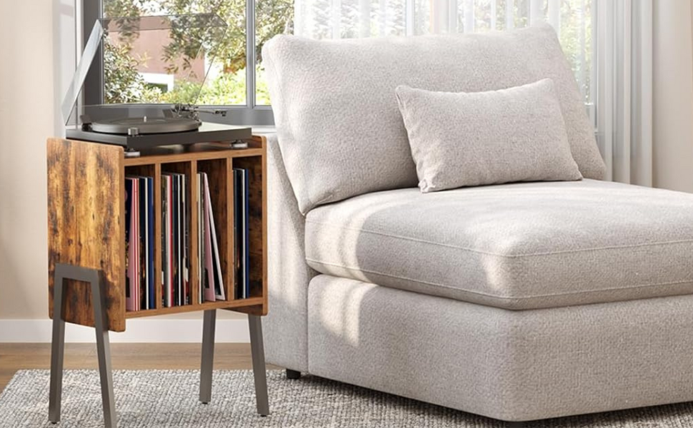 ACAZA: Стіл для програвача вінілових платівок з 4 відсіками – 66 x 40 x 30 см – Дерево та метал (Вінтаж, Колір: Коричневий)