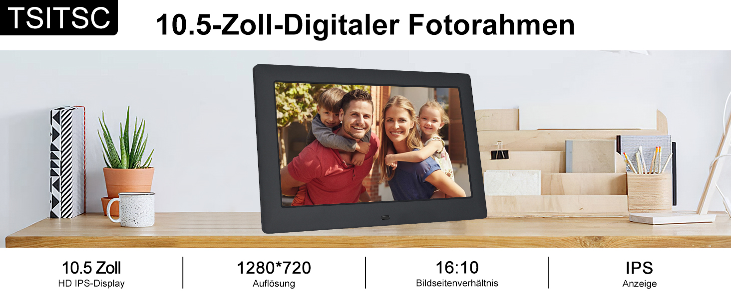 Цифровий фоторамка TSITSC 8.7 дюйма, IPS-дисплей 1024*768, календар, музика, фото/відео програвач, підтримка USB/SD, з пультом дистанційного керування (Чорний)