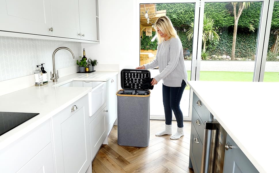 Кошик для білизни Nest Zest 100L з кришкою, 2 відділення для сортування, з інструкцією по догляду та 2 знімними внутрішніми кишенями, з бамбуковим обідком, Оксфордська тканина (Сірий)