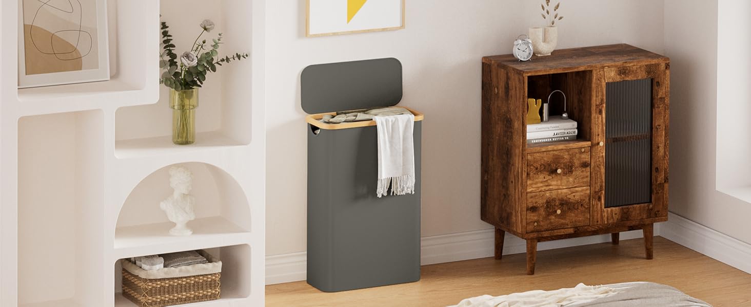 Кошик для білизни Youdenova з кришкою, 48л, вузький, з мішком для білизни, сортувальник, бамбук, білий