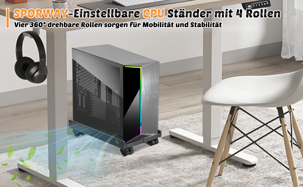 Підставка для комп'ютера SPORWAY: регульована платформа для системного блоку з 4 колесами, чорна