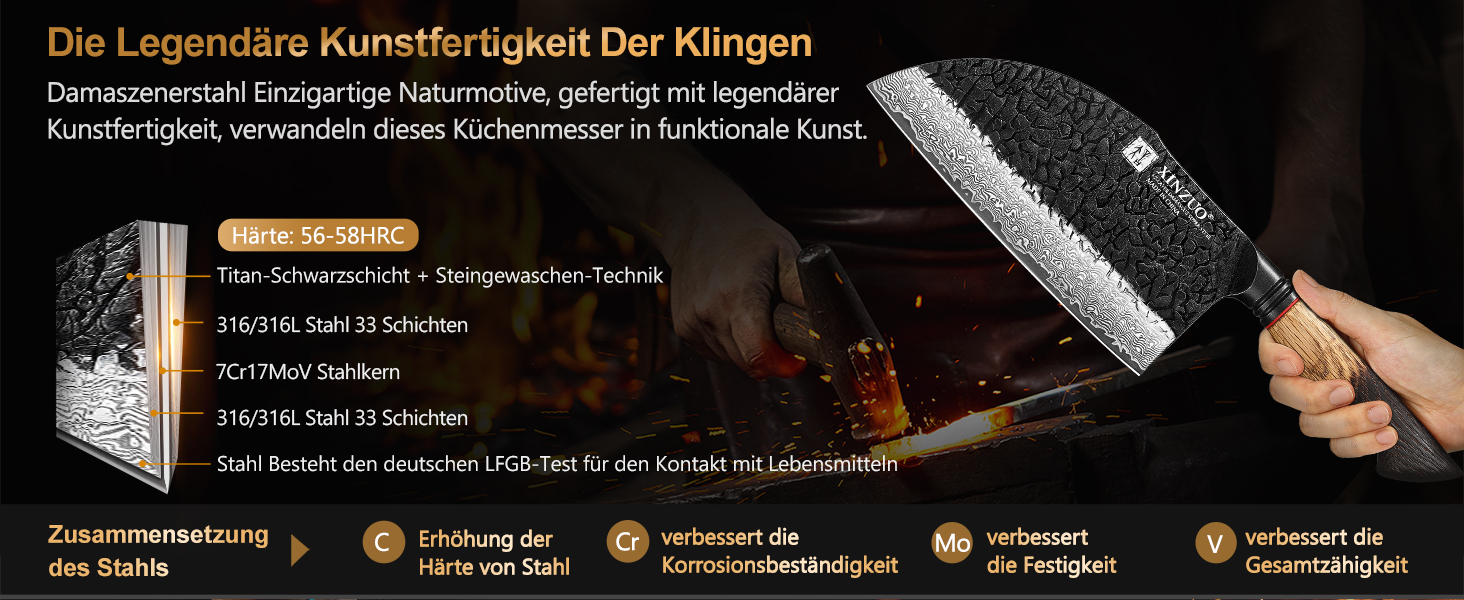 Ніж кухарський XINZUO Damaststahl 19,3 см з фінішною обробкою Hammer, професійний, з нержавіючої сталі Дамаск, з ергономічною ручкою з білого дуба, серія Mo