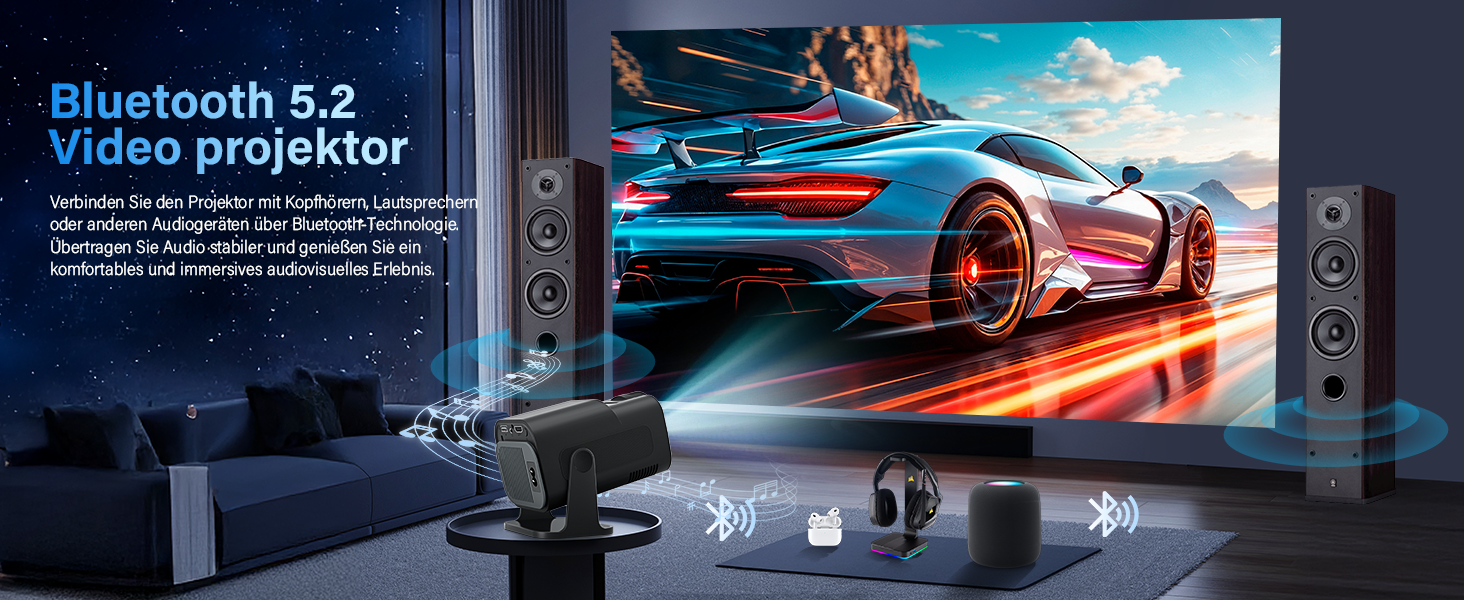 Портативний проєктор Mini Beamer 4K Full HD 1080P з WiFi 6, Bluetooth 5.2, автоматичною корекцією трапецеїдальних спотворень та підтримкою HDMI, TV Stick, Memory Stick, Laptop (білий, чорний)