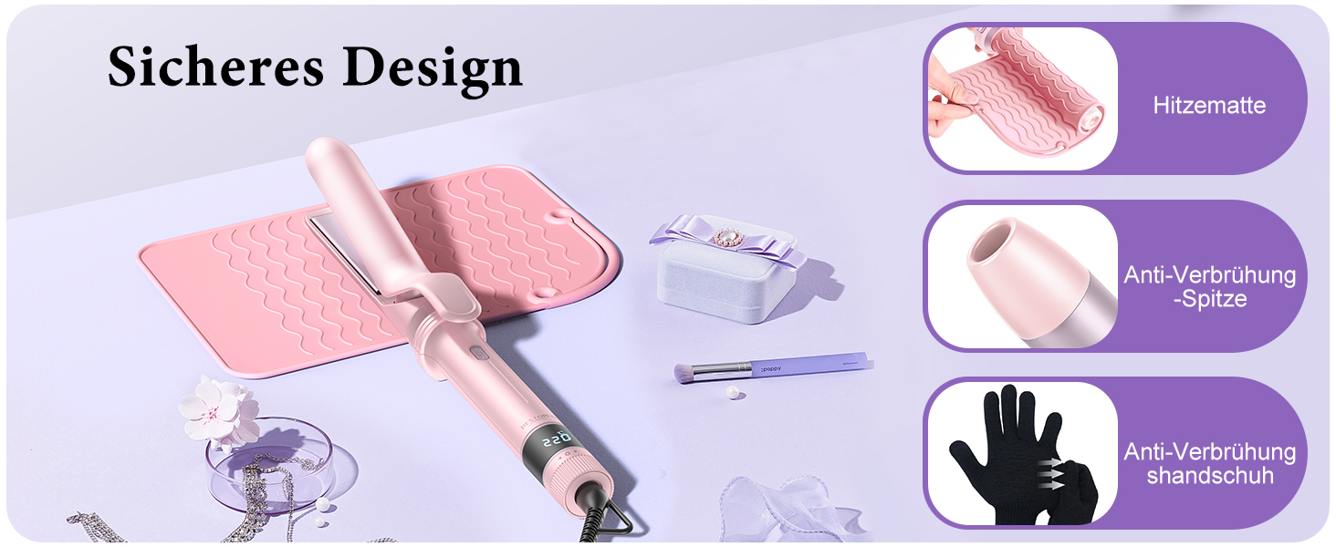 BESTOPE PRO Локкенстаб: Набір випрямляча та плойки 5 в 1 з термощіткою, 3 плойки (9-25 мм) для великих локонів, 13 температур, захисне покриття, рукавичка, затискач (Блідо-рожевий)