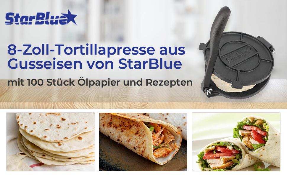 Пресс для тортильї StarBlue з чавуну, 10 дюймів (25 см), 100 шт. паперу для випікання, електронна книга з рецептами, для приготування чіпаті, роті, тортильї