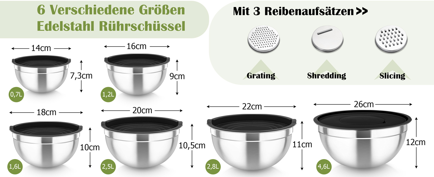 Набір салатниць TEAMFAR 6 шт. з нержавіючої сталі з кришками та силіконовими ніжками, 0,7L/1,5L/1,6L/2,5L/2,8L/4,6L, з терками, чорний