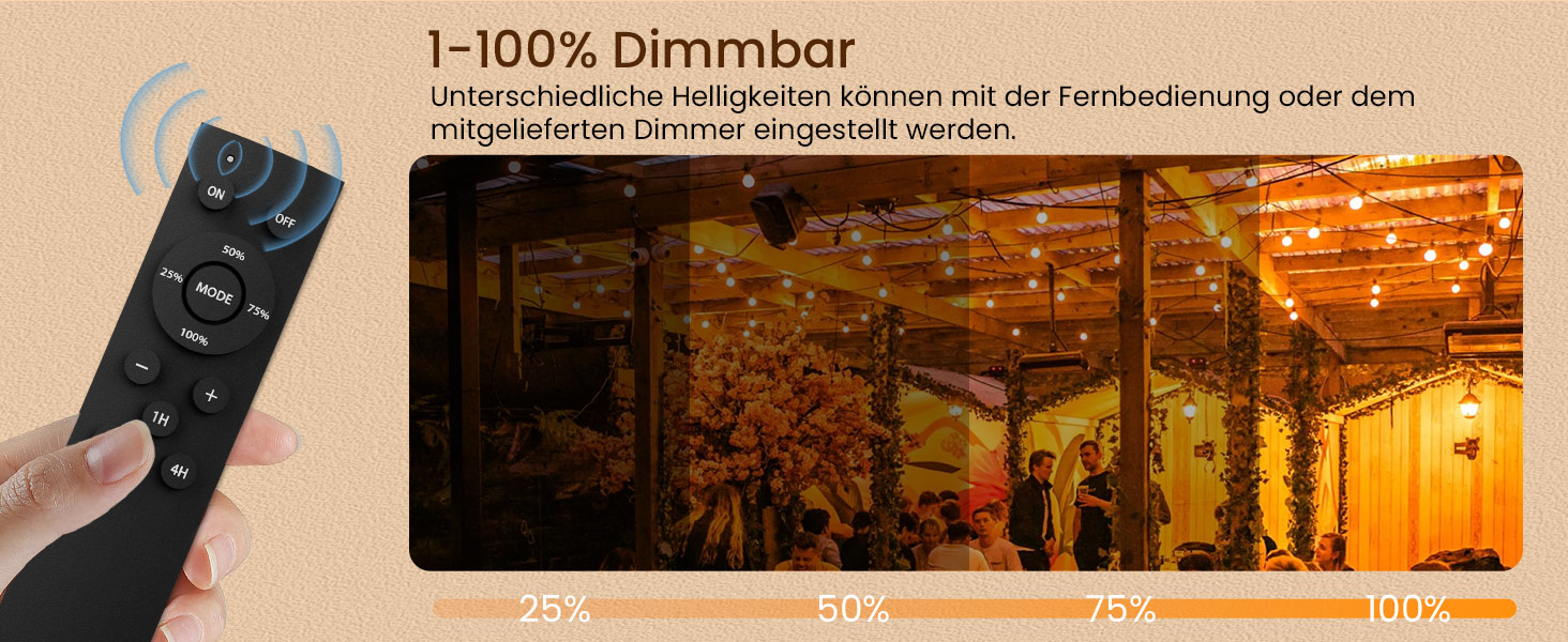 Гірлянда світлова зовнішня диммирувана 60м, G40 LED, 104 пластикові лампочки, вологостійка IP45, для саду, тераси, дерев, вечірок, 2700K тепле біле світло (2x30м), з пультом керування