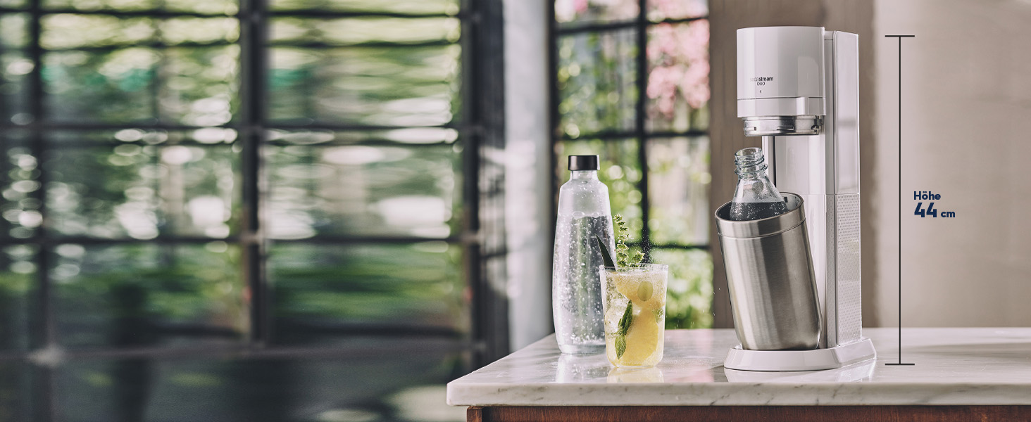 Сифон для води SodaStream Duo Family Pack: з CO2-циліндром, 2 скляними та 2 пластиковими пляшками по 1л (придатні для ПММ), білий, висота 44 см