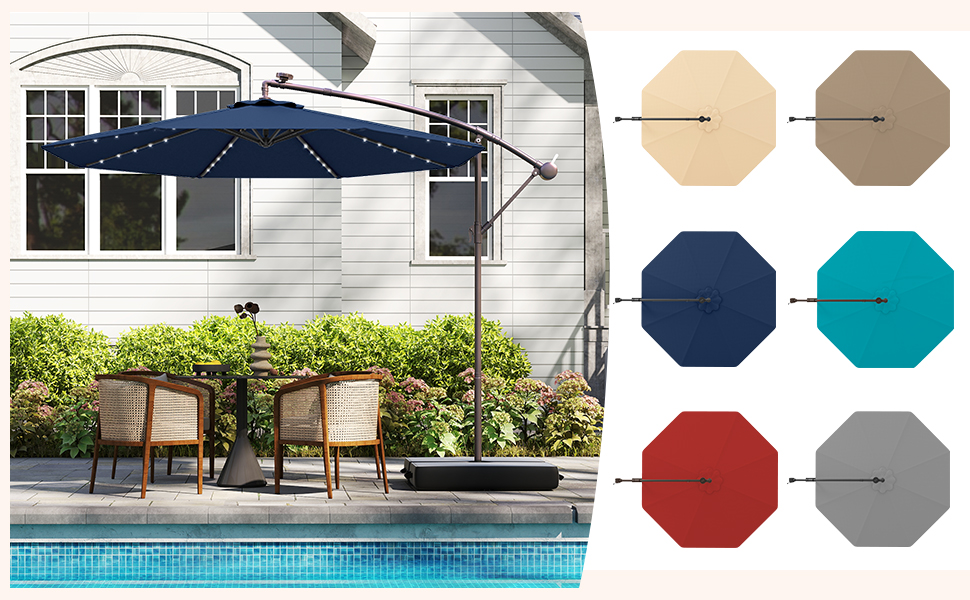 Парасолька від сонця COSTWAY 300 см з підставкою та LED-підсвіткою, бежева — садова парасолька-ампел з ручкою-коробкою та UV-захистом для тераси, басейну та двору