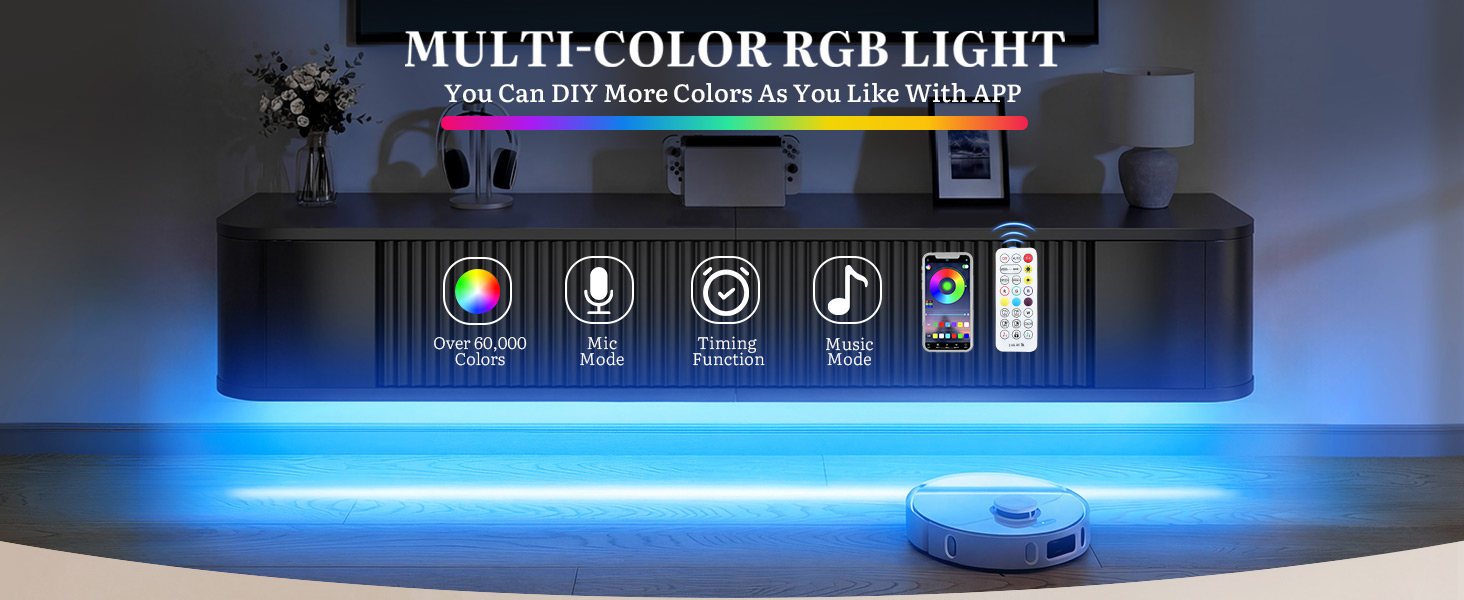 Підвісна тумба під телевізор YITAHOME 140 см з RGB підсвіткою, чорний глянцевий, настінна полиця для вітальні та спальні, великий об'єм зберігання 140x25x20 см
