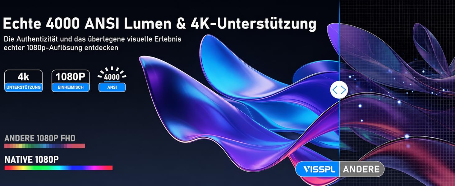 Smart проектор VISSPL 4K WiFi Bluetooth: Netflix, Dolby Audio, 4000 ANSI, Автофокус, Трапецеїдальна корекція, 1080P Full HD, для дому та вулиці (Чорний)