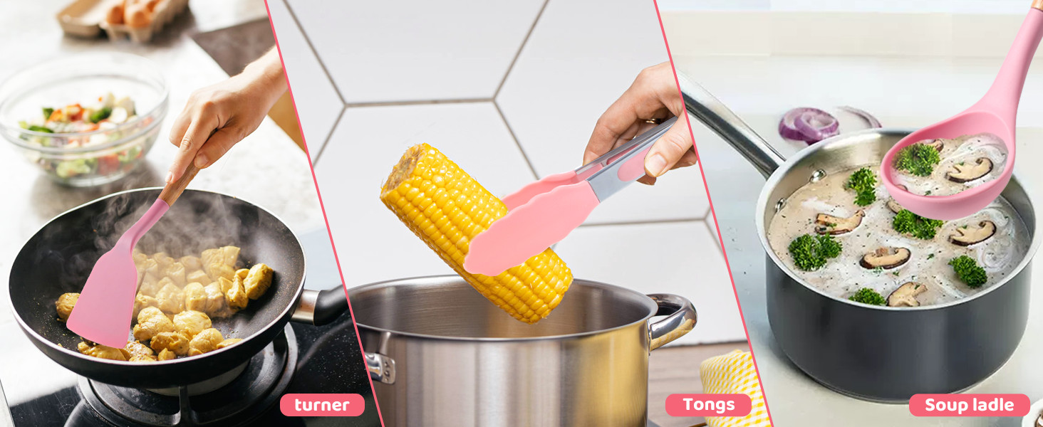 Набір кухонних аксесуарів 37 шт. з силікону, рожевий. Набір кухонних помічників, стійкий до високих температур, придатний для миття в посудомийній машині, з антипригарним покриттям