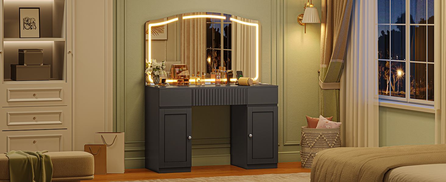 Великий туалетний столик AOGLLATI з великим дзеркалом та регульованою LED-підсвіткою. Косметичний столик з розетками, 3 висувними ящиками та 2 шафками. Сучасний туалетний столик для спальні (білий/чорний)