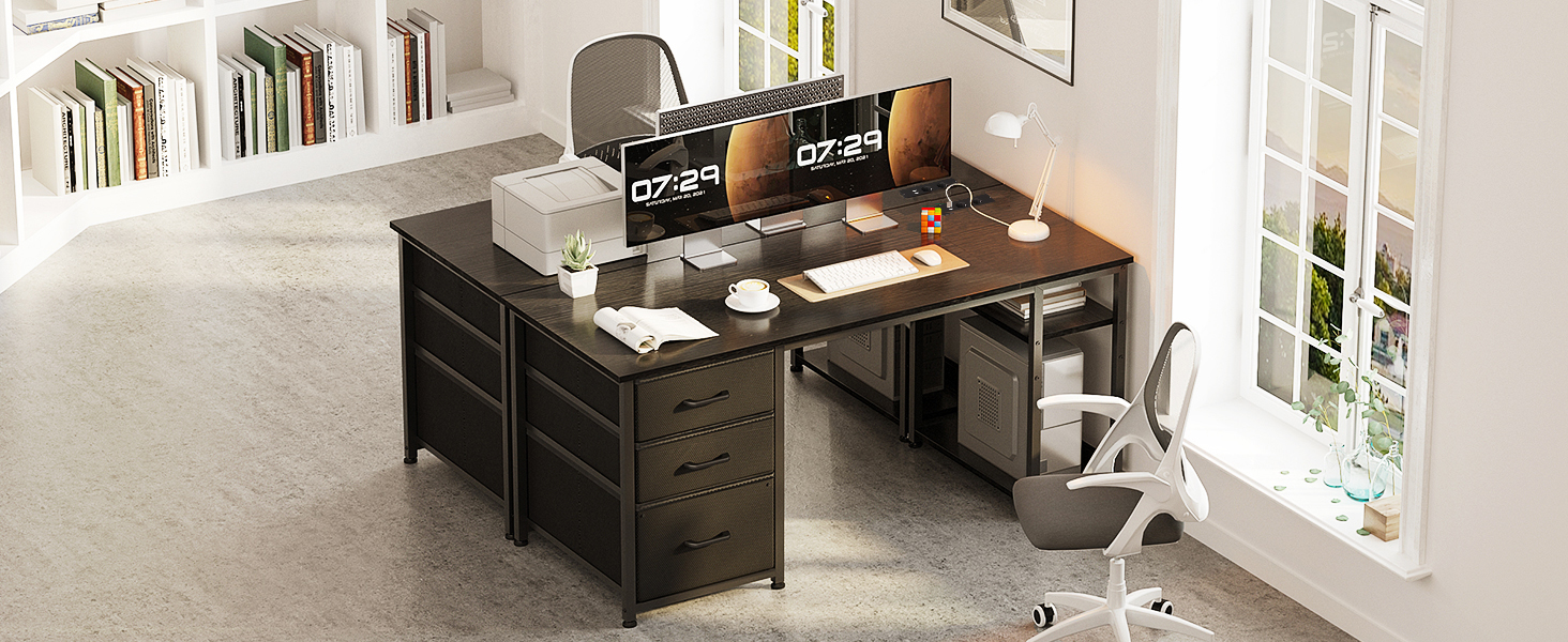 Комп'ютерний стіл Coleshome з висувними ящиками з тканини, 130x48 см. 2 розетки та 2 USB-порти для зарядки. Стільниця з полицею, реверсивний офісний стіл для дому та офісу (Чорний, 130x48x75.7 см)