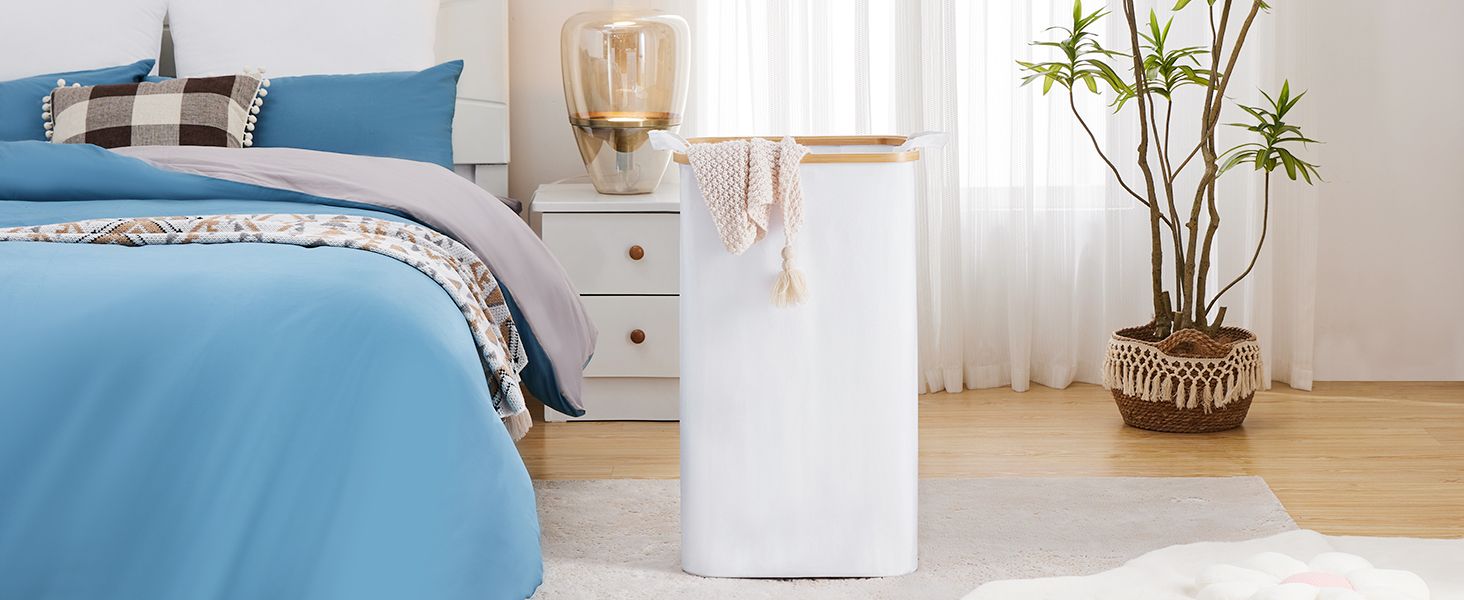 Кошик для білизни Youdenova з кришкою 85л, бамбук та дерево, сортувальник для білизни, великий, складний, білий