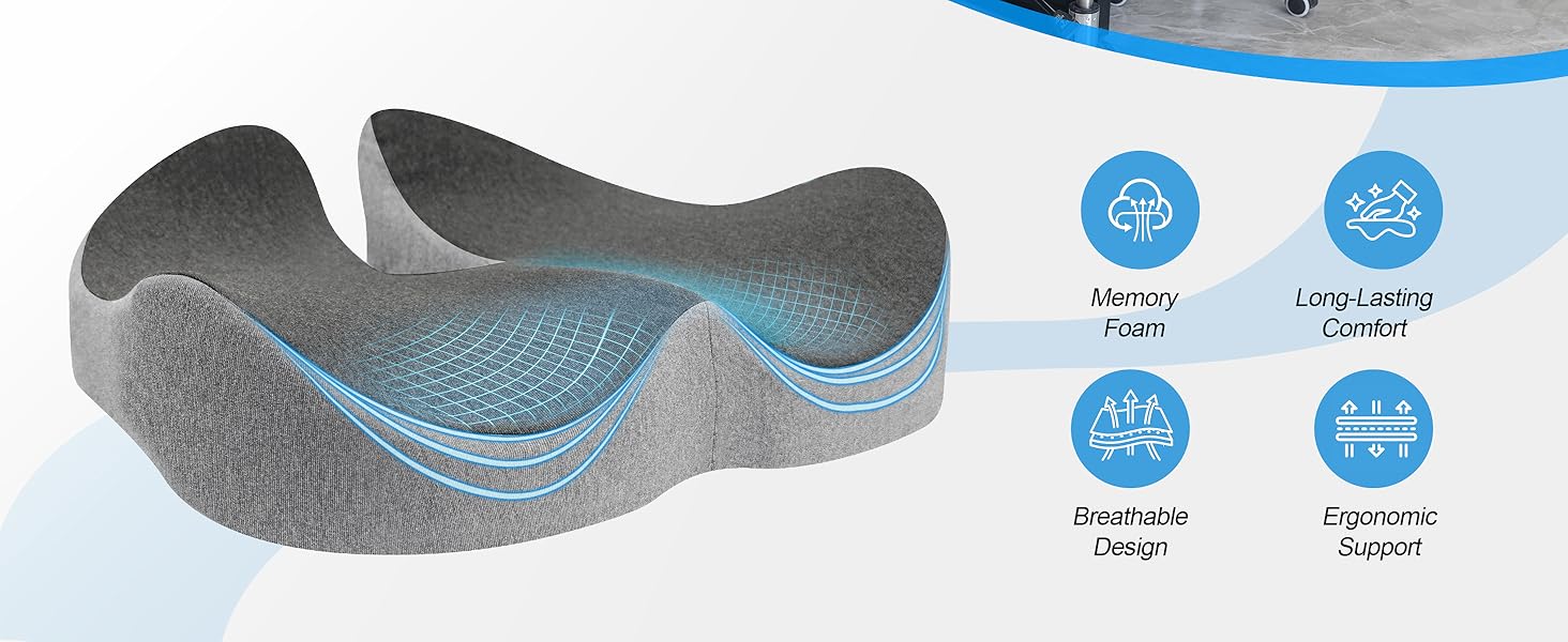 Подушка для офісного крісла Lofty Aim з Memory Foam: ергономічна, для куприка, при болях в спині та сідницях, для офісу, авто, літака, інвалідного візка – чорний та сірий