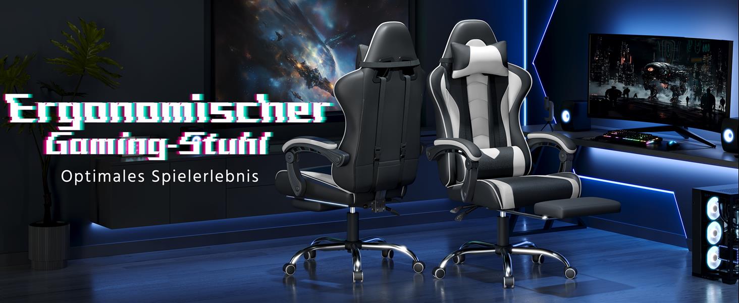 Ігровий крісло Yaheetech з масажем, комп'ютерне крісло з підніжкою, біле, регульована спинка 90-135°