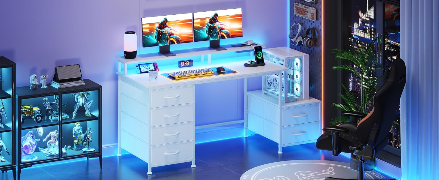 Письмовий стіл CAIYUN 132x48 см з 6 шухлядами та підставкою для принтера, білий. Комп'ютерний стіл з моніторною поличкою та розетками для домашнього офісу