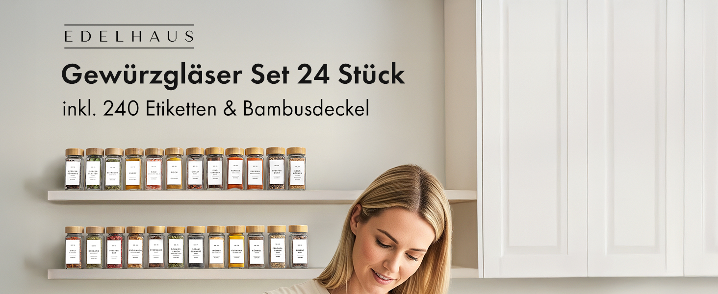 Набір скляних баночок для спецій кутовий (24 x 120 мл) з бамбуковими кришками. Включає ситечко для сипучих продуктів та 240 етикеток. Організатор спецій, 11x4,5 см.
