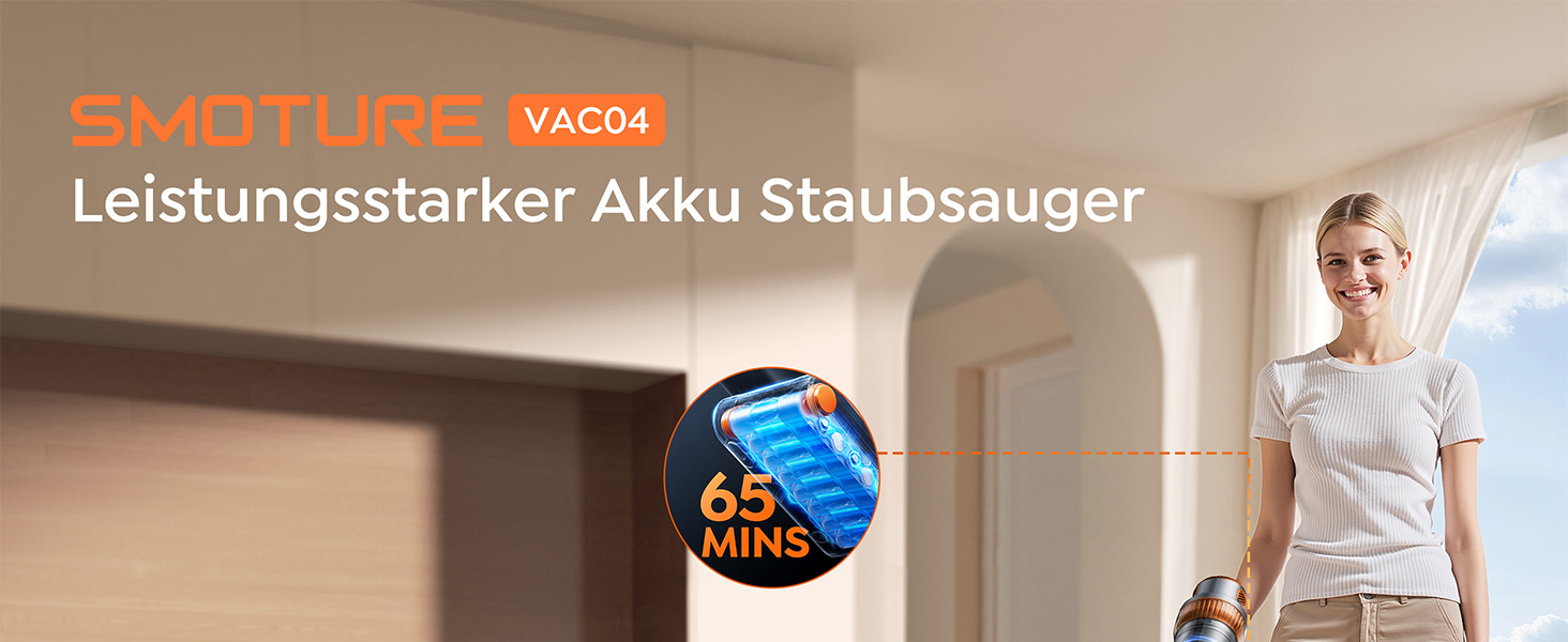 SMOTURE VAC04 Бездротовий акумуляторний пилосос, 50 000 Па потужність всмоктування, 65 хвилин роботи, самостійна підставка, гнучкий шланг, антизаплутувальна щітка, док-станція для зарядки, видалення шерсті тварин, килимів та твердих поверхонь