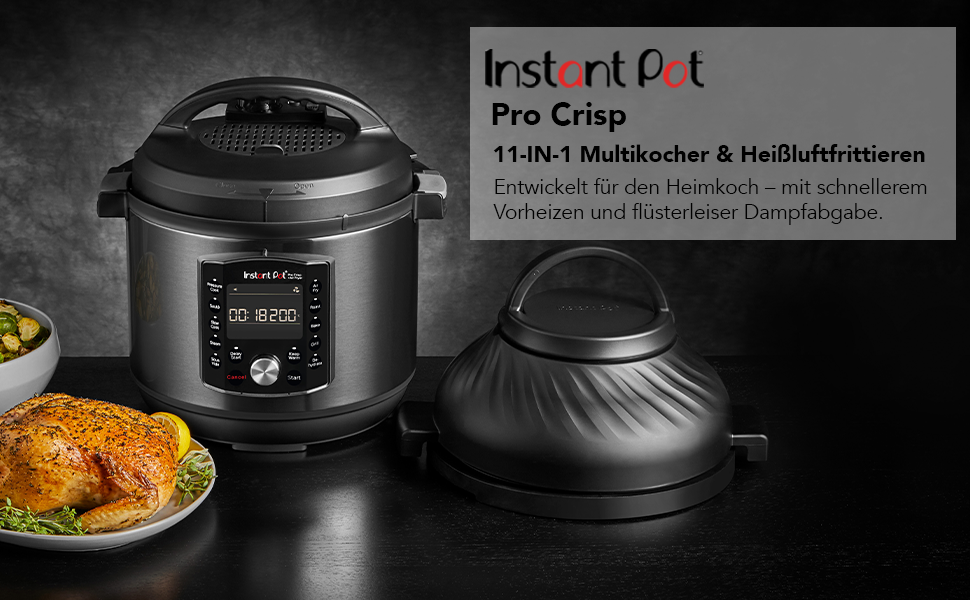 Електрична мультиварка Instant Pot 11-в-1 5,7 л - скороварка, фритюрниця, мультиварка, пароварка, дегідратор з грилем, функція збереження тепла та випічки, нержавіюча сталь (чорна, 7,6 л, Pro Crisp фритюрниця)