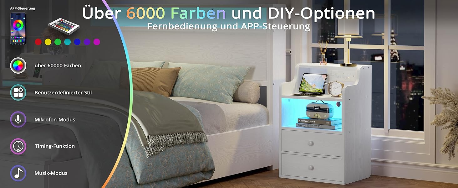 Нічний столик IRONCK з LED-підсвіткою, розеткою та функцією зарядки, з ящиками, білий.