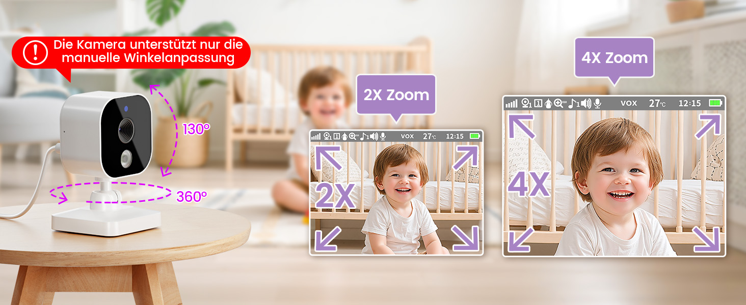 Радіоняня з камерою OBVHNUA 720P IPS: відеоняня без Wi-Fi, акумулятор 2000mAh, нічна зйомка, датчик температури, двосторонній зв'язок, колискові, режим VOX, екран 2.8