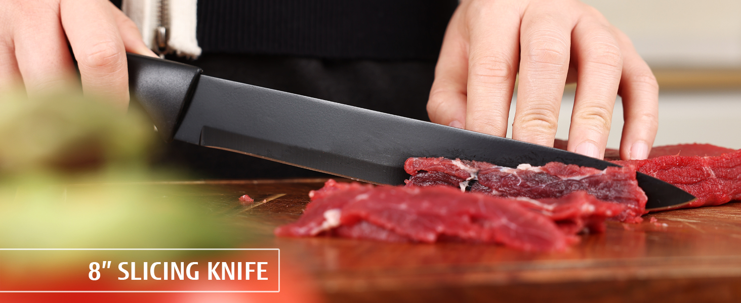 Набір кухонних ножів Hecef 15 предметів з бруском, чорний колір, антипригарне покриття, безпечний для миття в посудомийній машині, самозаточуваний брусок, ергономічні ручки, набір ножів для кухні для початківців та любителів готування (6 шт)