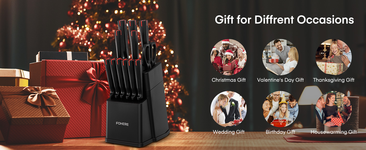 Набір ножів FOHERE 13 предметів з точилкою. Набір кухонних ножів з нержавіючої сталі з підставкою та інтегрованою точилкою (чорний)