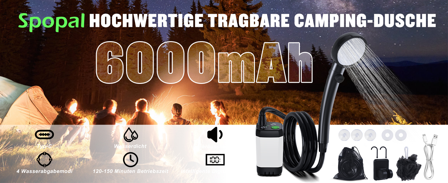 Портативна кемпінгова душа з насосом та індикатором температури, 6000mAh, 2м шланг, набір для відпочинку, подорожей, автомиття, догляду за тваринами