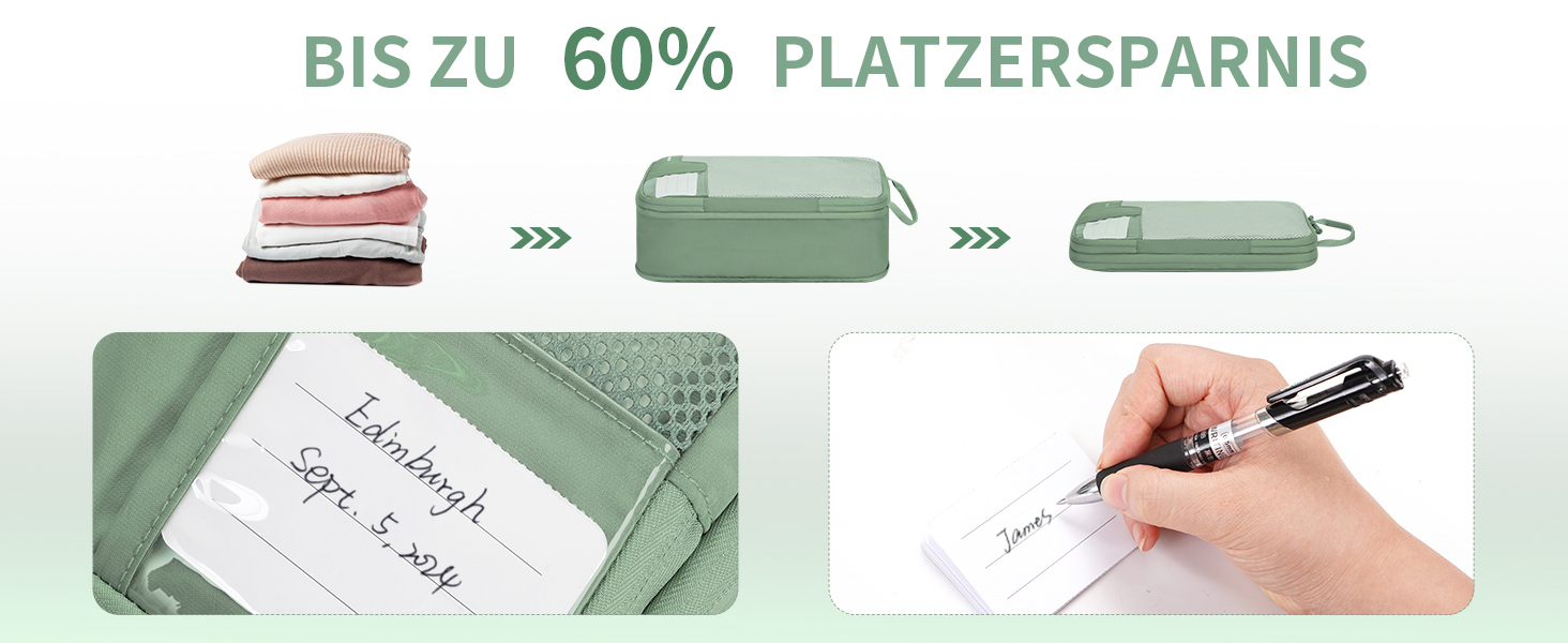 Набір компресійних органайзерів для валізи та рюкзака ECOHUB, 4 предмети, еко-серія з сіткою та бирками, зелений