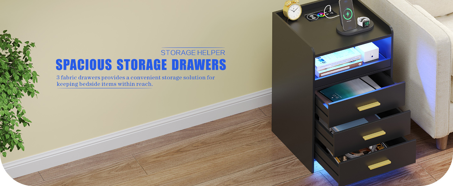 Нічний столик FREDEES з LED-підсвічуванням, ящиком, зарядкою та датчиком руху, сірий (2), чорний