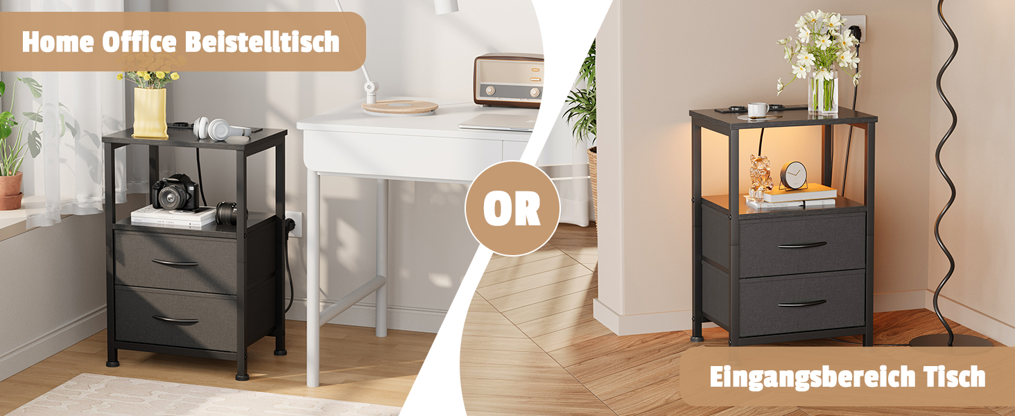 Нічний столик з LED-підсвічуванням та функцією зарядки, з ящиком, 3 розетки AC та USB-порти, для вітальні та спальні (40T x 30B x 60H cm, Чорний)