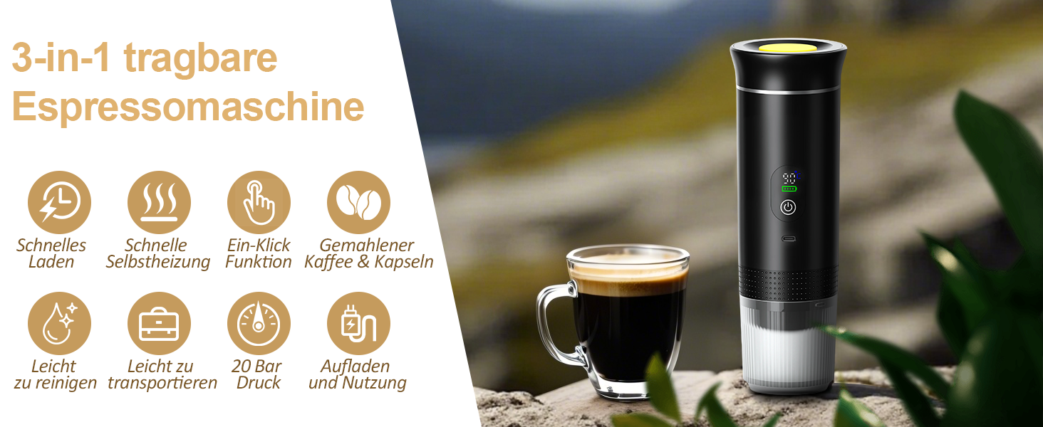 ADOGO Портативна кавомашина для еспресо з акумулятором, 20 Bar, електрична, сумісна з капсулами NS та меленою кавою, для подорожей та кемпінгу