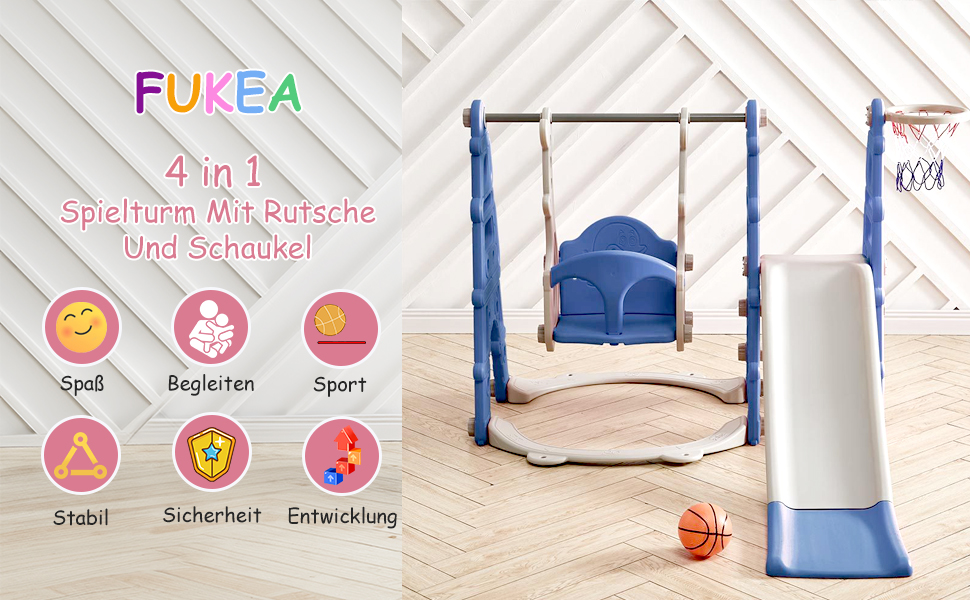 Дитяча гірка FUKEA 4-в-1 з гойдалкою та баскетбольним кільцем для гри в приміщенні та на вулиці. Блакитний колір