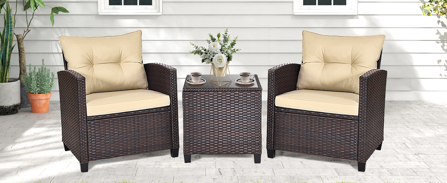 Набір садових меблів LIFEZEAL 3 предмети: 2 крісла та стіл з ротангу PE, чорний. Садовий комплект для тераси, балкона, саду з подушками