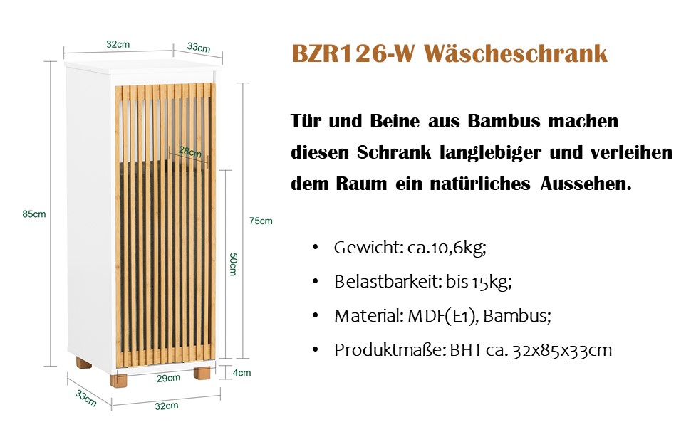 Тумбочка у ванну кімнату SoBuy, вузька, 33x165x33 см, з бамбуковими дверцятами, білий колір, для зберігання речей