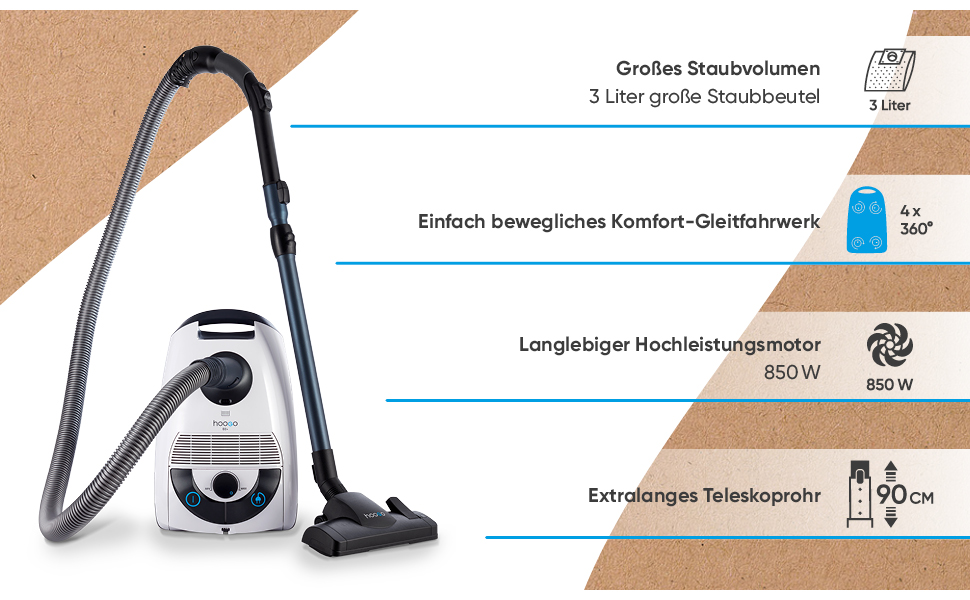 Пилсос Hoogo B3+ з мішком | Пилсос для підлоги | Потужний, з HEPA-фільтром, 850 Вт, радіус дії 11 м, тихий (74 дБ), об'єм пилозбірника 3 л, з набором насадок, білий, з кабелем