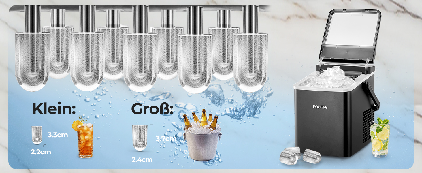 Льодогенератор Fohere портативний з ручкою, 14 кг/24 год, кулі 9 шт за 5 хв, 2 розміри, самоочищення, для дому, кухні, офісу, кемпінгу, вечірок