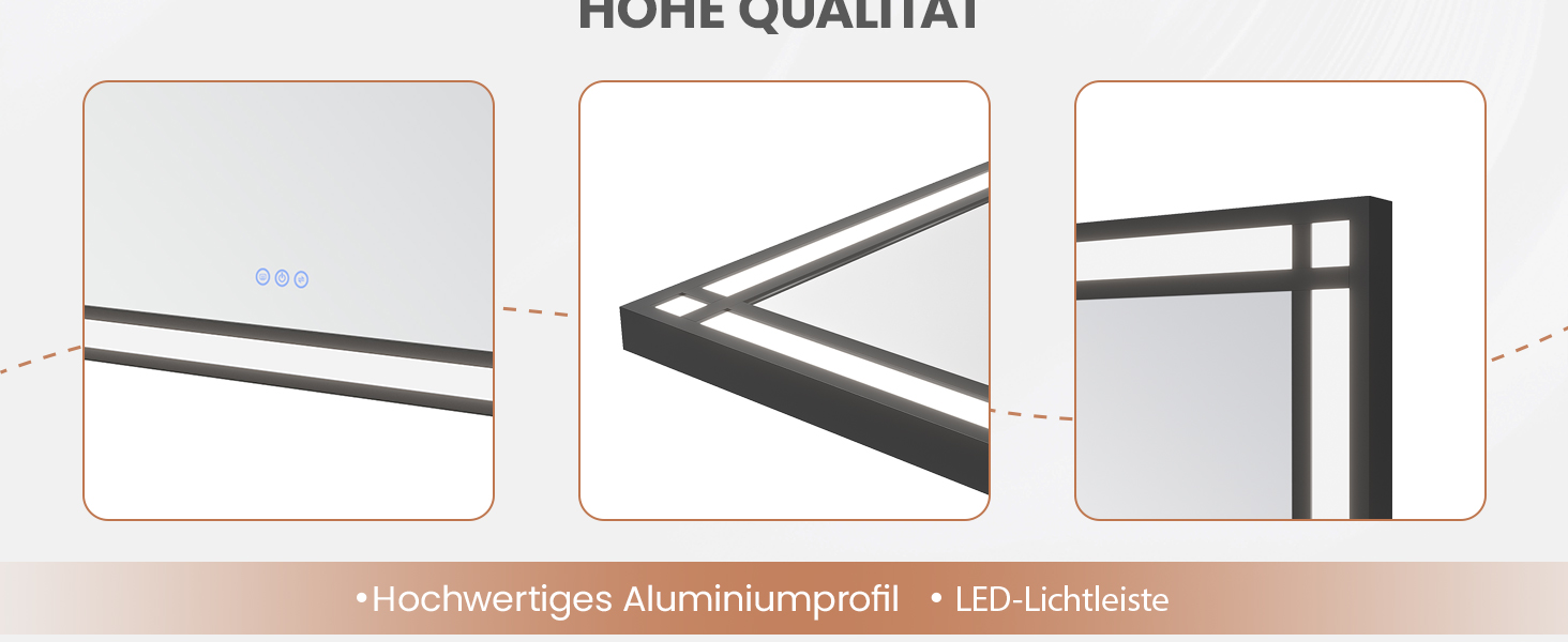 Дзеркало для ванної кімнати AQUABATOS LED з підсвічуванням 50x70 см, імітація вікна, сенсорне регулювання, регулювання яскравості, холодний білий, протизапотівання, чорний алюмінієвий каркас, декор у індустріальному стилі