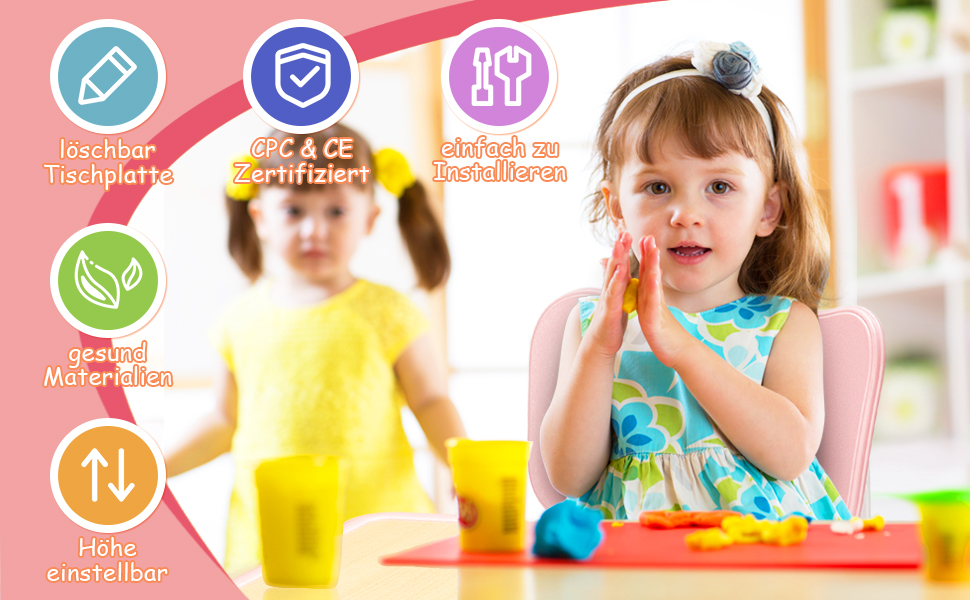 Дитячий стіл та стільці FUNLIO, регульовані по висоті, для дітей 3-8 років, рожеві, 3 шт. - 59.7 см x 59.7 см